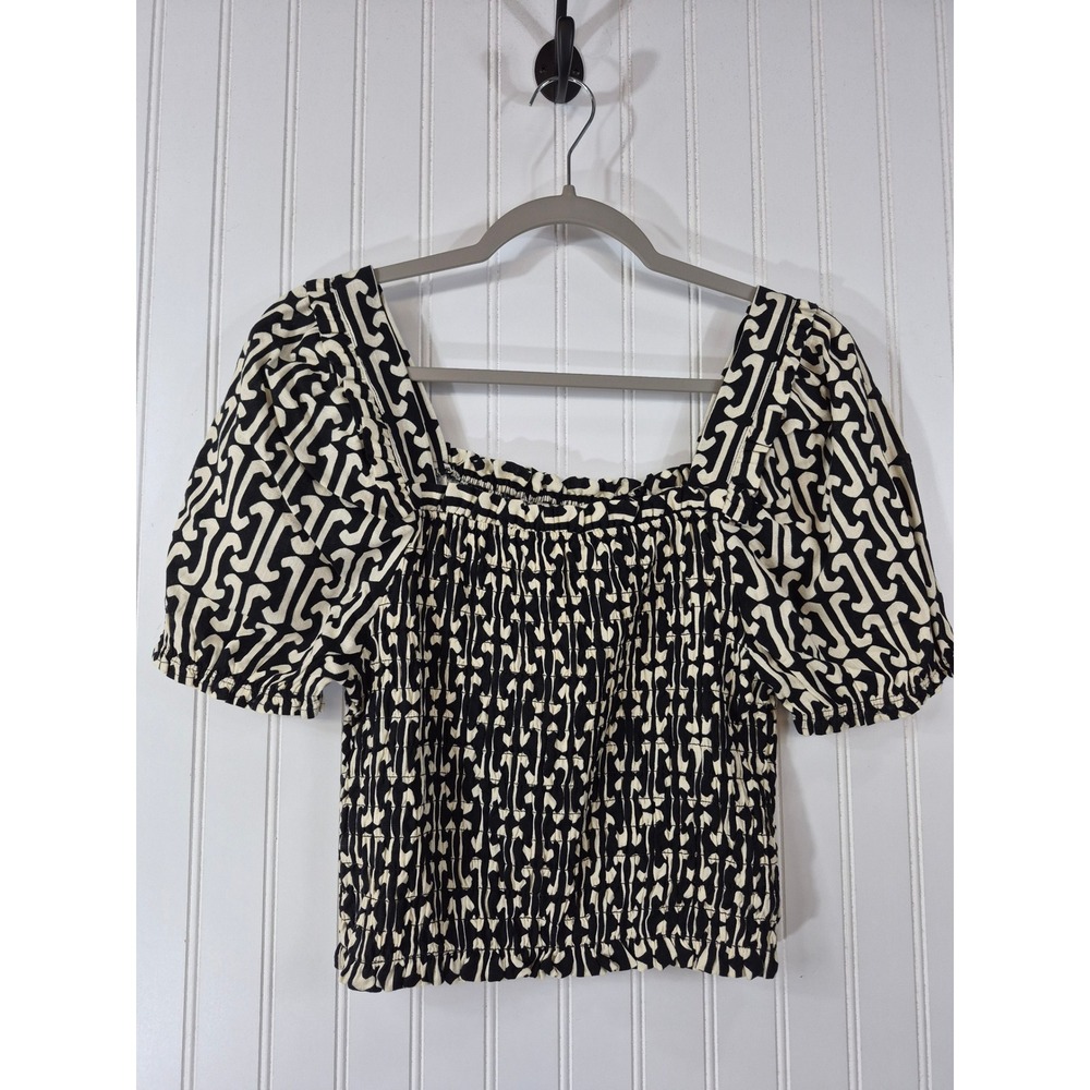 NEW Monteau LA Smocked Puff Sleeve Linen Blend Top Black White XL Y2K Feminine